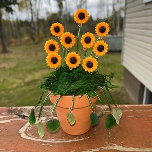 Handcrafted Beaded Sunflower Plant with Green Leaves